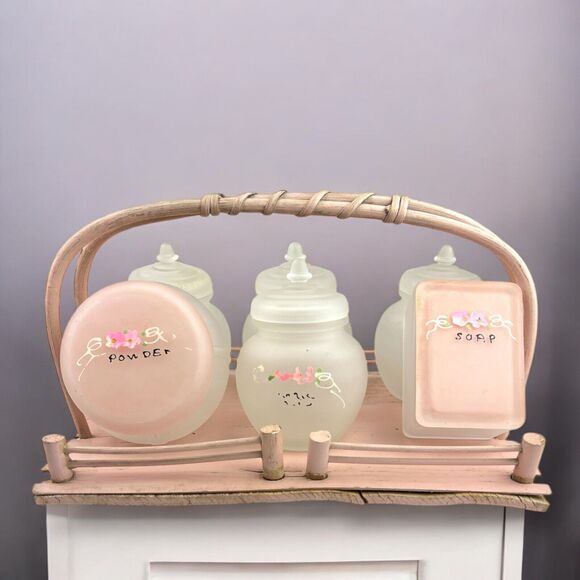 40's Frosted Glass Pink Floral Apothecary Jar Container Vintage 7pc Nursery Set - Picture 1 of 12